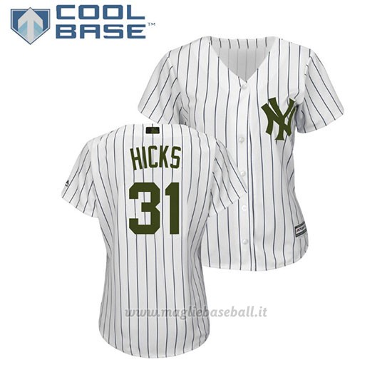 Maglia Baseball Donna New York Yankees Aaron Hicks 2018 Dia de los Caidos Cool Base Bianco